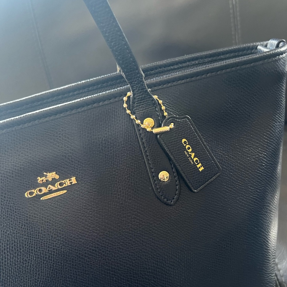 Coach Black Leather Tote with Gold Accents